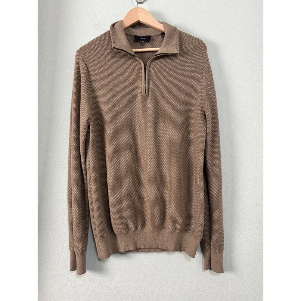 Vince Geo Jacquard Quarter Zip Wool Cashmere Blend Sweater Teton/River Sand Sz M